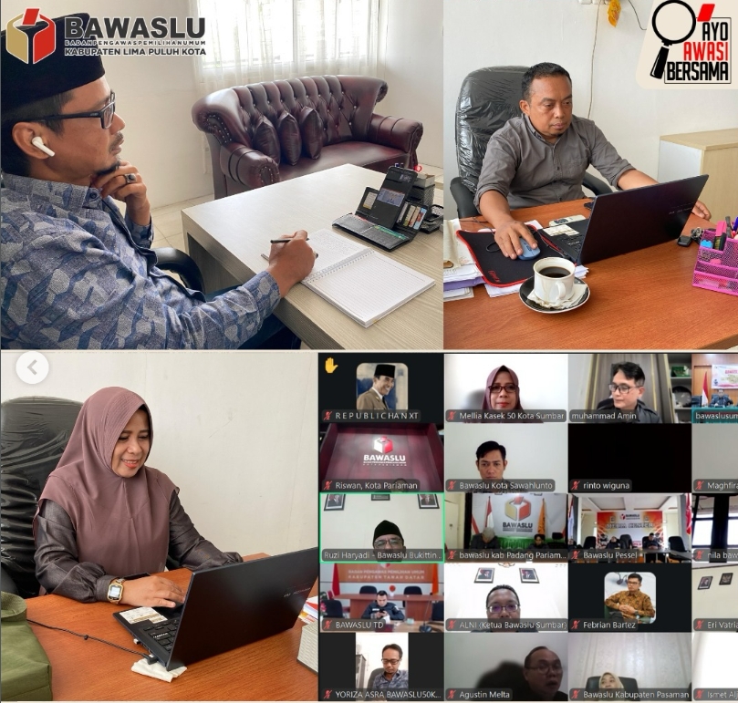 Ketua Bawaslu Kabupaten Lima Puluh Kota Yoriza Asra, Koordinator Divisi PPPS Ismet Aljannata, Koordinator Divisi HPPH Dapit Alexsander, serta Kepala Sekretariat Mellia Rahmi saat mengikuti kegiatan Senin Pengawas Berkomitmen dan Bermartabat (SEPAKAT) yang diselenggarakan oleh Bawaslu Provinsi Sumatera Barat yang dilakukan secara daring, (19/1).